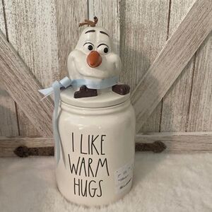 NWT Rae Dunn Disney Frozen Olaf” I lLIKE WARM HUGS”White Black Canister with Lid